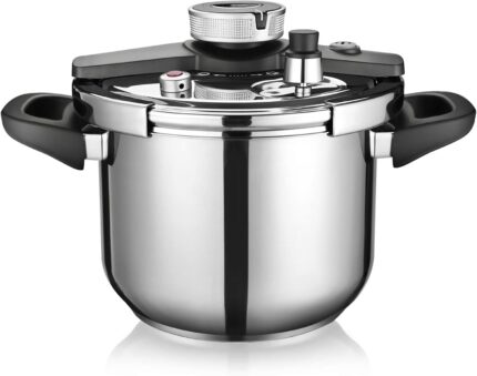 WEHOME Pressure Cooker，6.3-Quart Kitchen Pressure Cooker，Suitable for Induction and Stove-top，304 Stainless Steel Cookware with Easy Opening&Closing Lid，Triple Safety Valve Design (6.3-Quart)