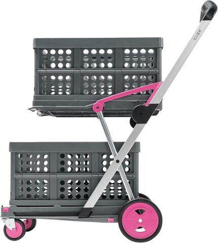 [Local warehouse]CLAX® The Original | Made in Germany | Multi Use Functional Collapsible Carts | Mobile Folding Trolley | Storage Cart Wagon | Shopping Cart with 2 Storage Crates (Pink)