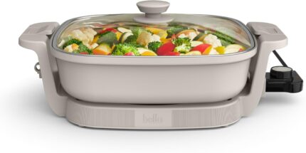bella Make & Take Electric Skillet, Fits-anywhere™ kitchenware, EverGood™ Ceramic Coating, Adjustable Temperature & Dishwasher-Safe Tempered Glass Lid, Cast Aluminum Base, 1200 Watt