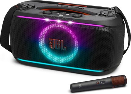 JBL PartyBox On-The-Go 2 - Portable Party Speaker with one Wireless Digital mic, Handle and a Shoulder Strap, Dynamic lightshow, Up to 15 Hours Playtime, Splash Proof & Auracast™