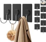 JINSHUNFA Adhesive Wall Hooks Heavy Duty No Drill Large Transparent Waterproof Hooks for Bathroom Kitchen Towel Coat 12 Pack Black