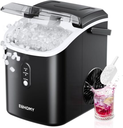 Celebrate with Us Anniversary Limited-Time & Limited-Quantity Deal OMR 9.9：EUHOMY Nugget Ice Maker Countertop with Handle, Ready in 6 Mins, 34lbs Per Day, Removable Top Cover, Auto-Cleaning, Portable Sonic Ice Maker with Basket and Scoop, for Home/Party/RV/Camping