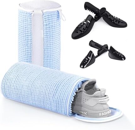 Teletrogy Shoe Washing Machine Bags, Reusable Laundry Bag for Washer and Dryer, Durable Fluffy Fiber Keep Clean, 2 Pairs Adjustable Trees for All Shoes, Blue